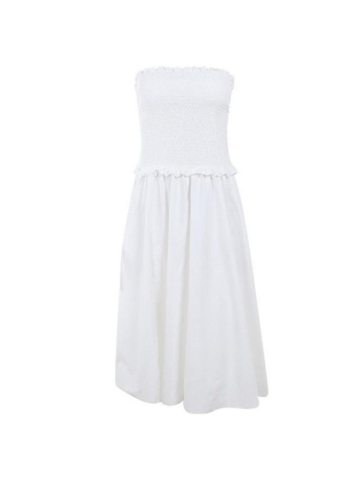 WHITE SMOCKED STRAPLESS DRESS TUBE MAXI DRESS