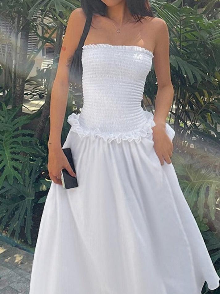 WHITE SMOCKED STRAPLESS DRESS TUBE MAXI DRESS