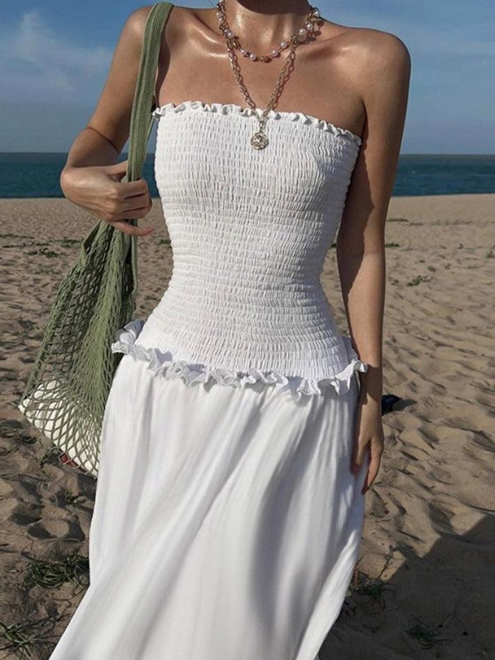 WHITE SMOCKED STRAPLESS DRESS TUBE MAXI DRESS