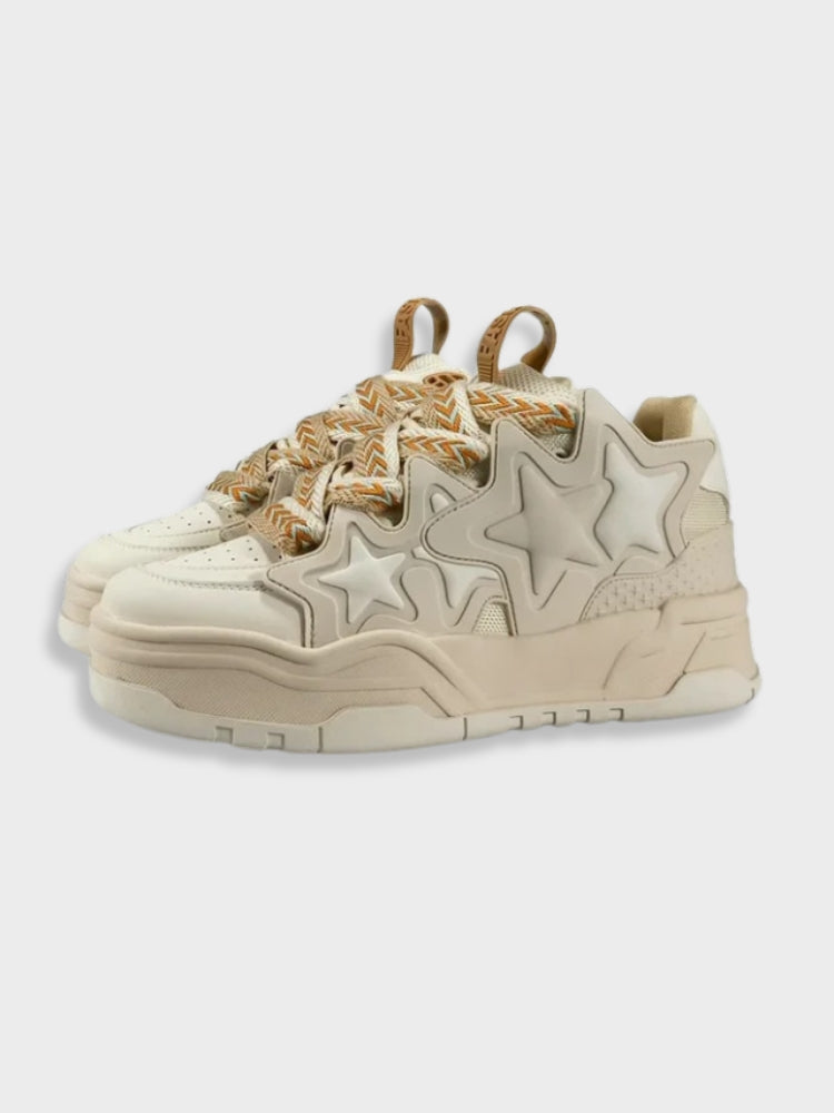 WHITE SNEAKERS WITH BLACK STAR ACCENTS VINTAGE TRIPLE STAR DESIGN