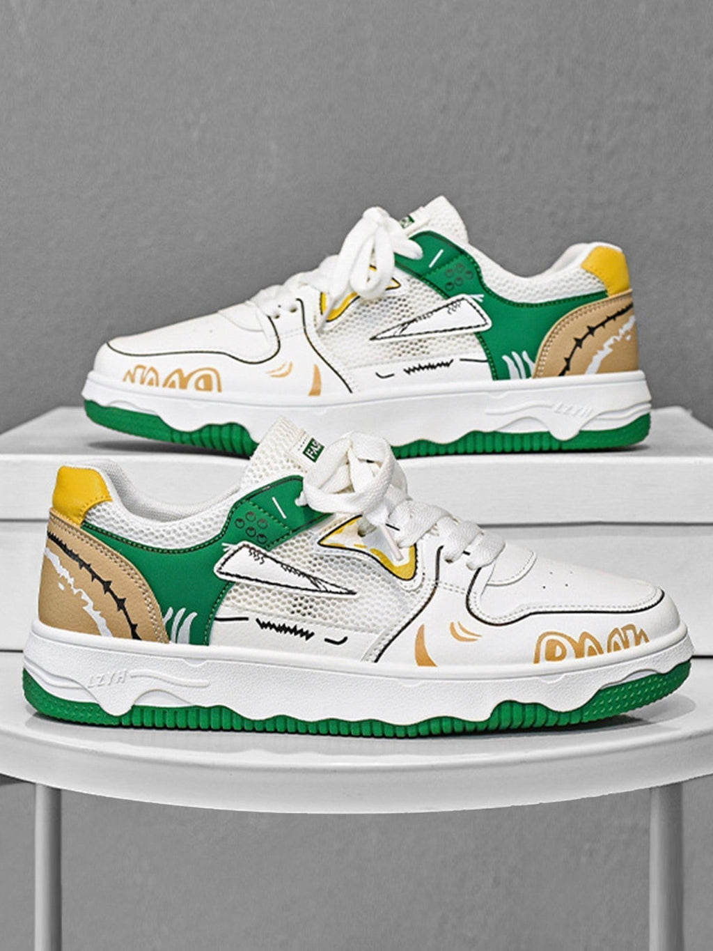 WHITE SNEAKERS WITH GREEN AND YELLOW ACCENTS ROUND TOE HIGH SHOES