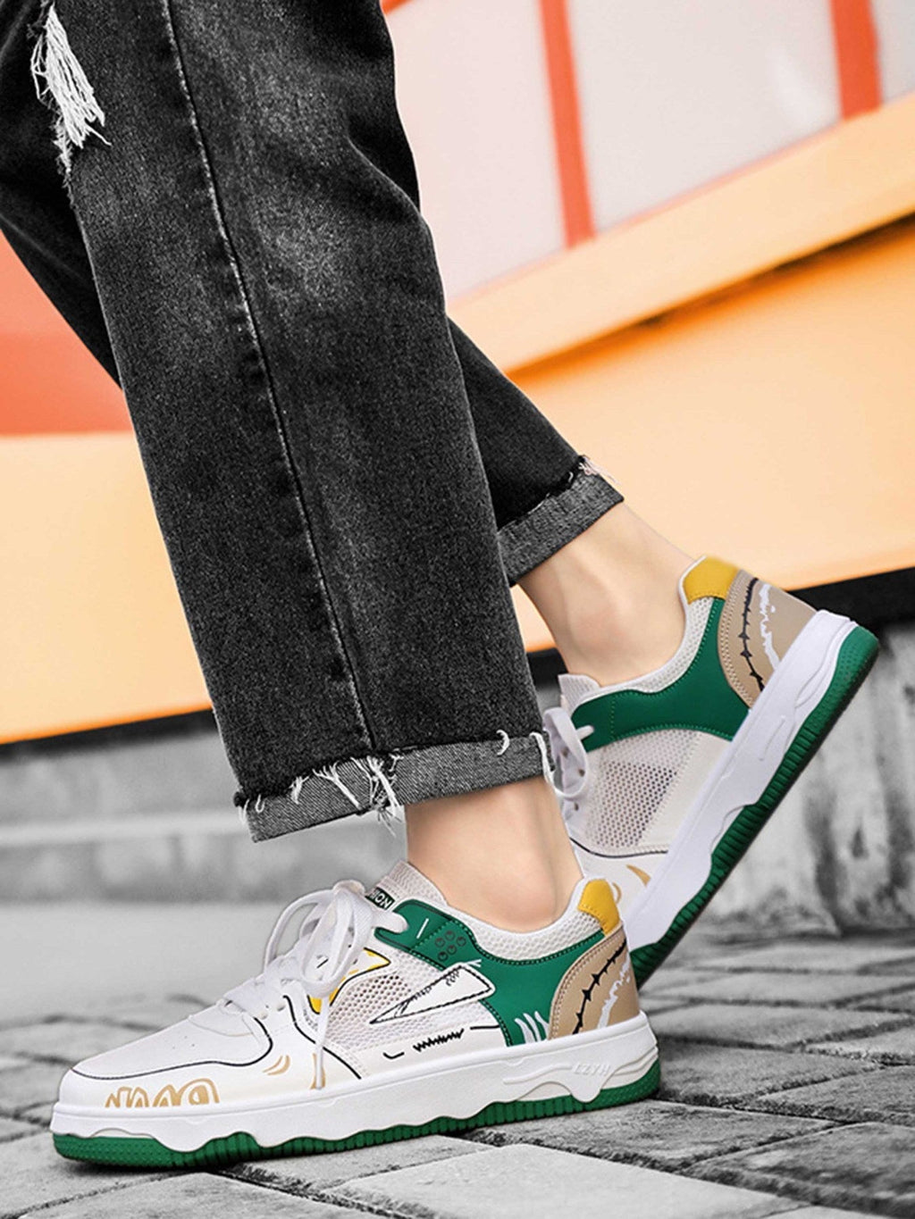 WHITE SNEAKERS WITH GREEN AND YELLOW ACCENTS ROUND TOE HIGH SHOES
