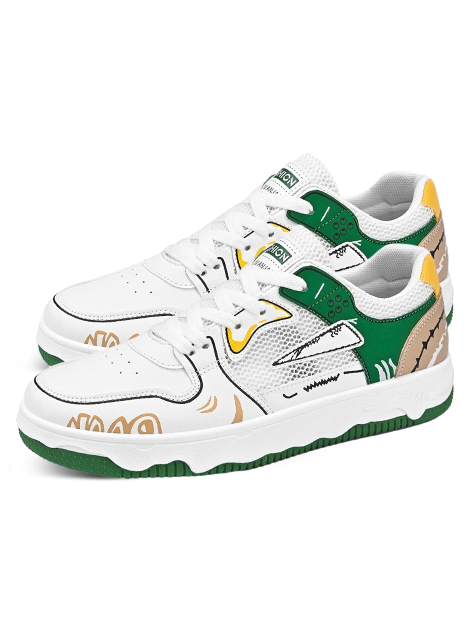 WHITE SNEAKERS WITH GREEN AND YELLOW ACCENTS ROUND TOE HIGH SHOES