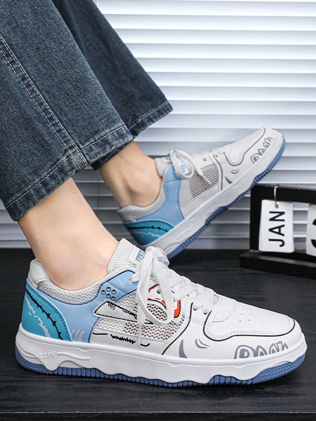 WHITE SNEAKERS WITH GREEN AND YELLOW ACCENTS ROUND TOE HIGH SHOES