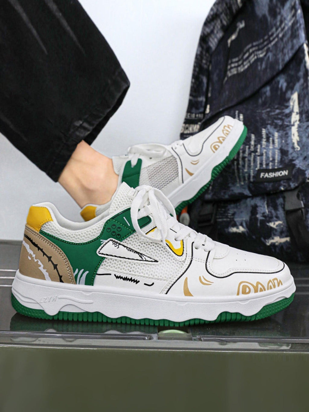WHITE SNEAKERS WITH GREEN AND YELLOW ACCENTS ROUND TOE HIGH SHOES