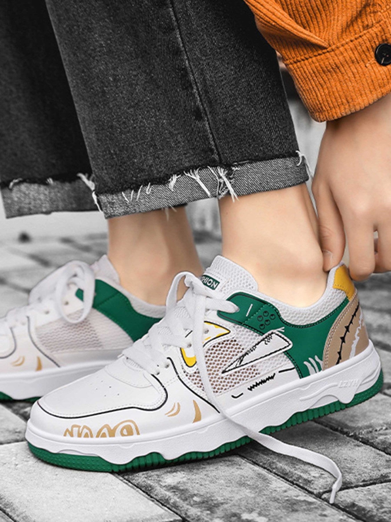 WHITE SNEAKERS WITH GREEN AND YELLOW ACCENTS ROUND TOE HIGH SHOES