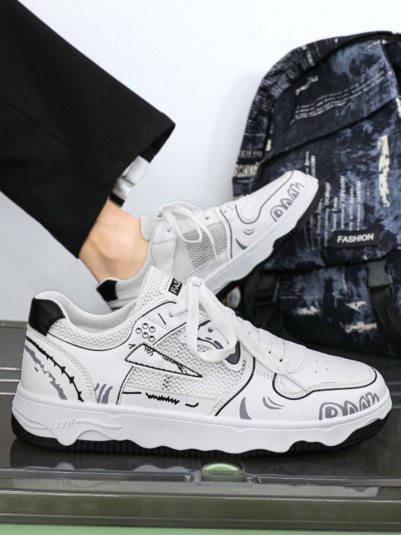 WHITE SNEAKERS WITH GREEN AND YELLOW ACCENTS ROUND TOE HIGH SHOES