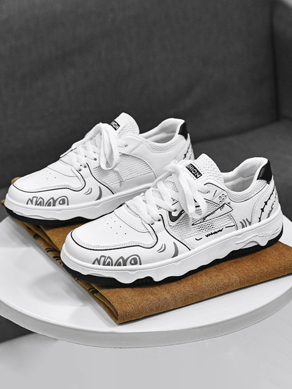 WHITE SNEAKERS WITH GREEN AND YELLOW ACCENTS ROUND TOE HIGH SHOES