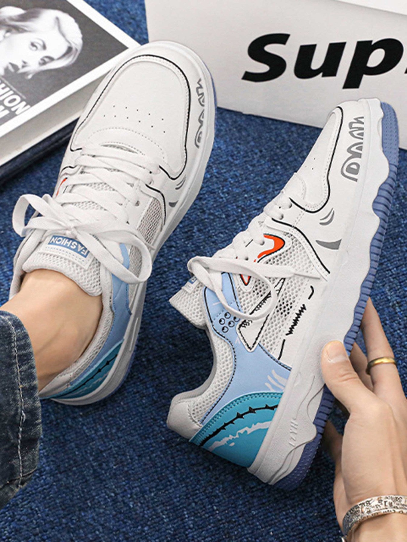 WHITE SNEAKERS WITH GREEN AND YELLOW ACCENTS ROUND TOE HIGH SHOES