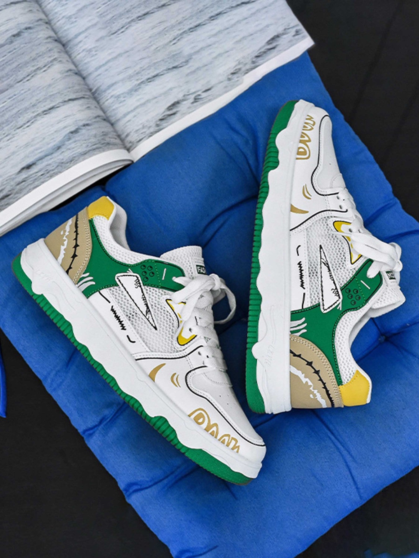 WHITE SNEAKERS WITH GREEN AND YELLOW ACCENTS ROUND TOE HIGH SHOES