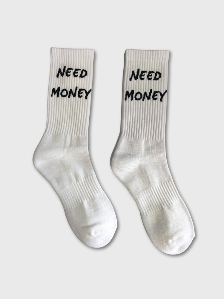 WHITE SOCKS WITH NEED MONEY TEXT - MONEY SOCKS