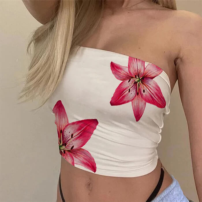 WHITE STRAPLESS TOP WITH PINK LILY FLORAL PATTERN WOMEN’S FASHION