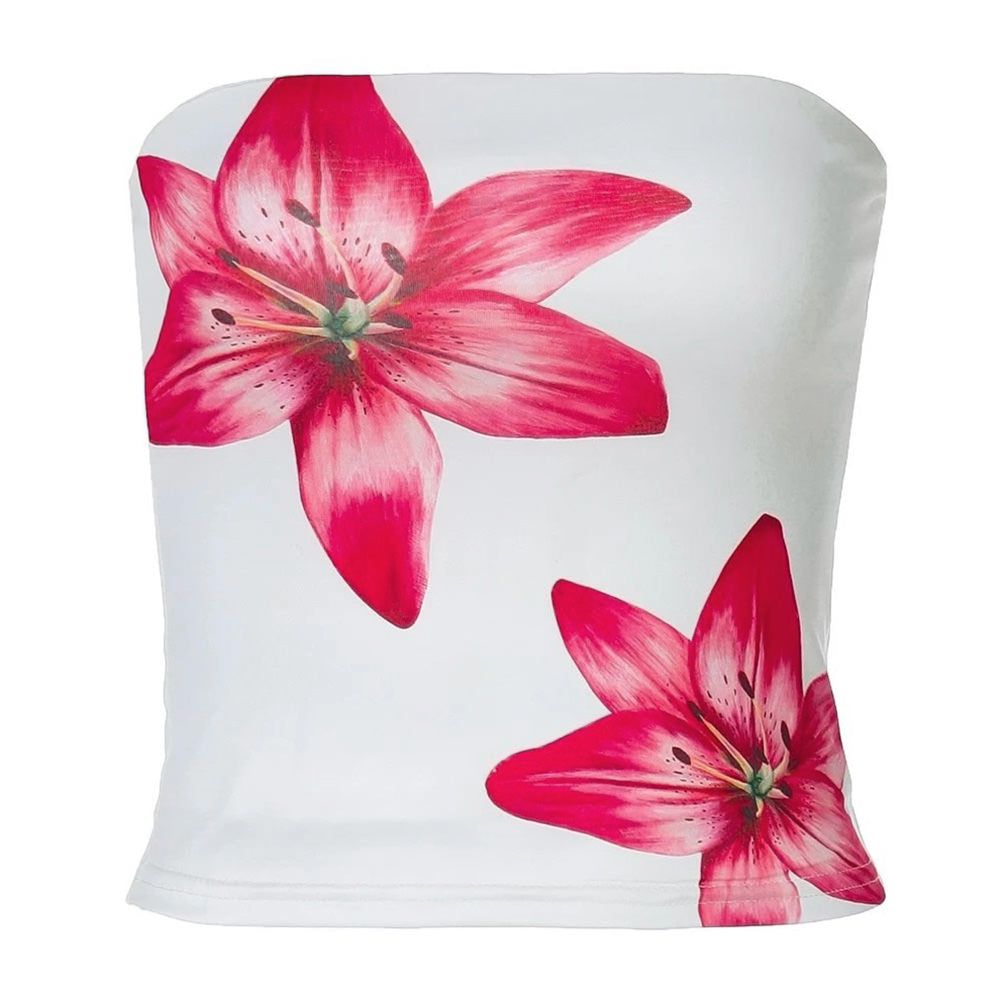 WHITE STRAPLESS TOP WITH PINK LILY FLORAL PATTERN WOMEN’S FASHION