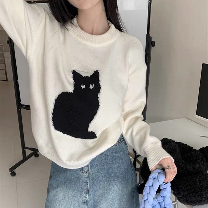 WHITE SWEATER WITH BLACK CAT DESIGN FOR WOMEN