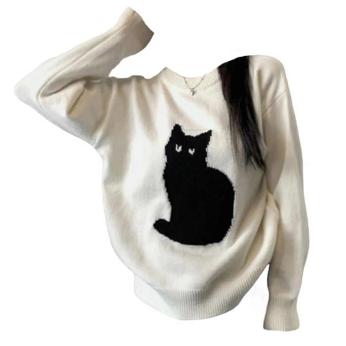 WHITE SWEATER WITH BLACK CAT DESIGN FOR WOMEN