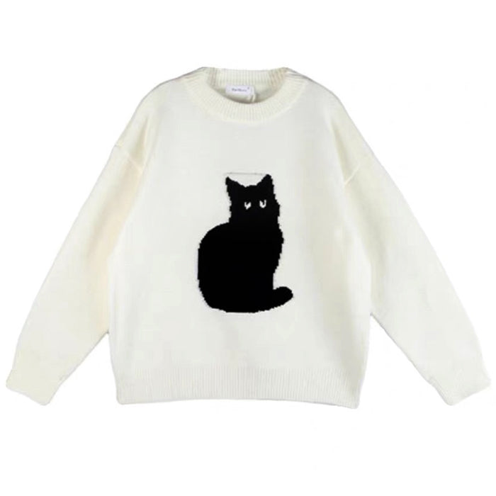 WHITE SWEATER WITH BLACK CAT DESIGN FOR WOMEN