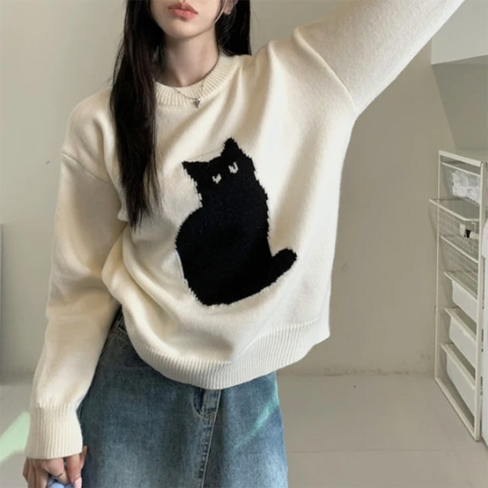 WHITE SWEATER WITH BLACK CAT DESIGN FOR WOMEN