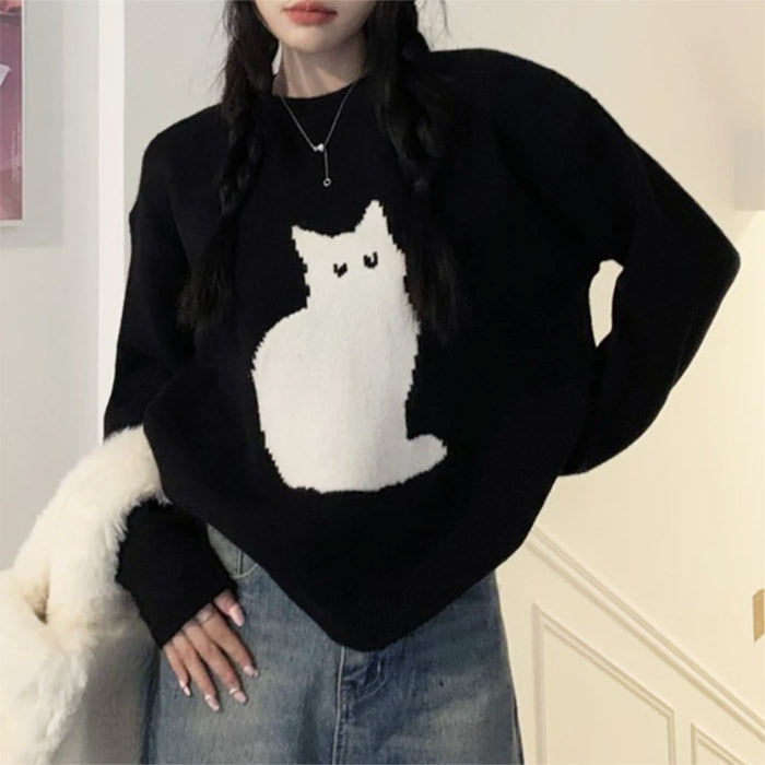 WHITE SWEATER WITH BLACK CAT DESIGN FOR WOMEN