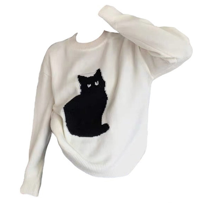 WHITE SWEATER WITH BLACK CAT DESIGN FOR WOMEN