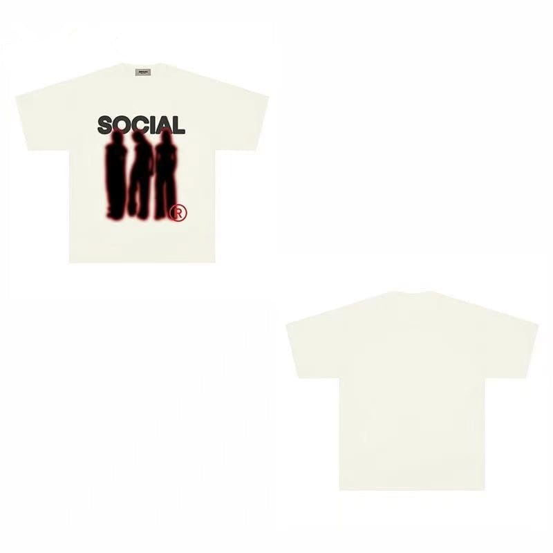 WHITE T-SHIRT SOCIAL TEXT WITH BLURRED FIGURES LIGHT BEIGE STREETWEAR
