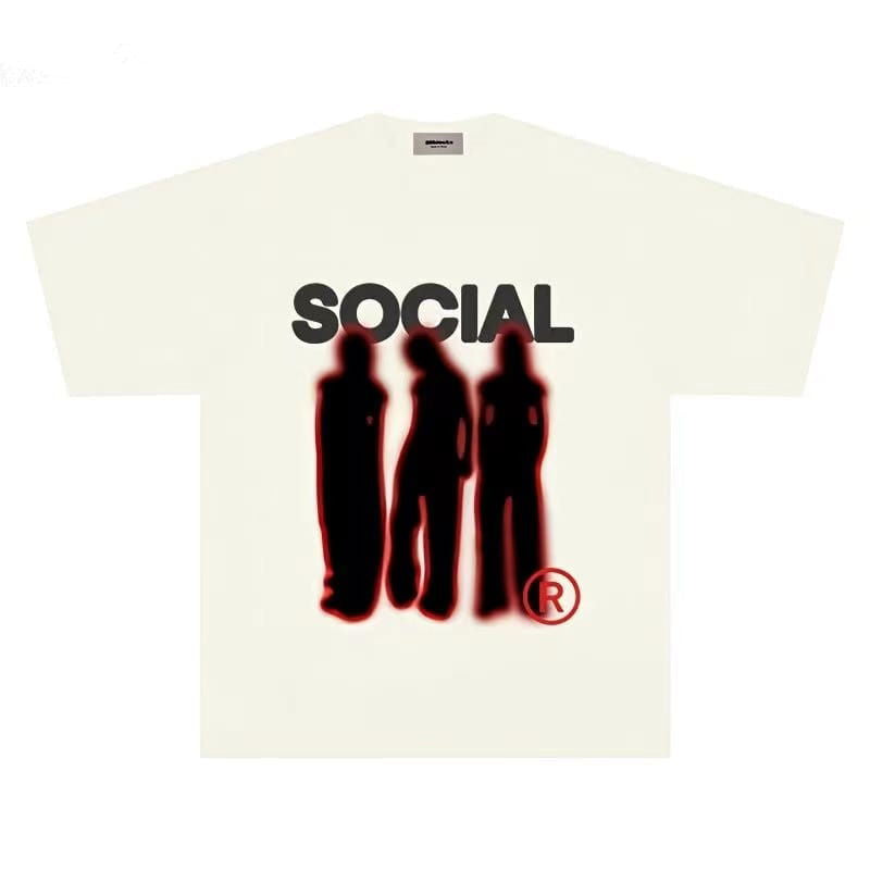 WHITE T-SHIRT SOCIAL TEXT WITH BLURRED FIGURES LIGHT BEIGE STREETWEAR