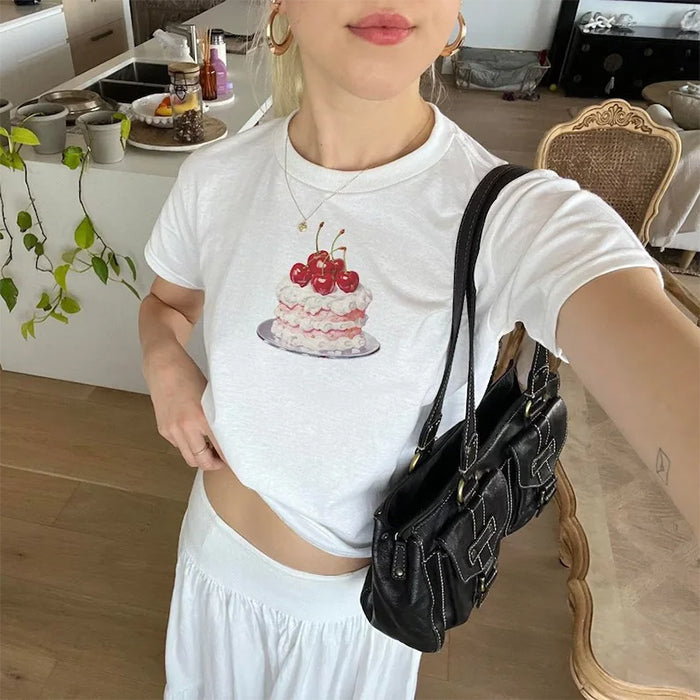 WHITE T-SHIRT WITH CHERRY CAKE DESIGN FOR CASUAL WEAR