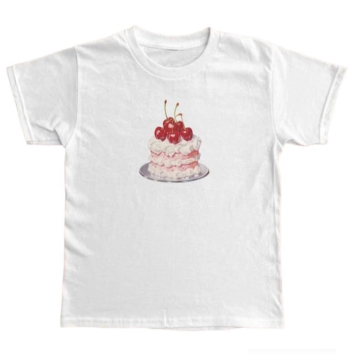 WHITE T-SHIRT WITH CHERRY CAKE DESIGN FOR CASUAL WEAR
