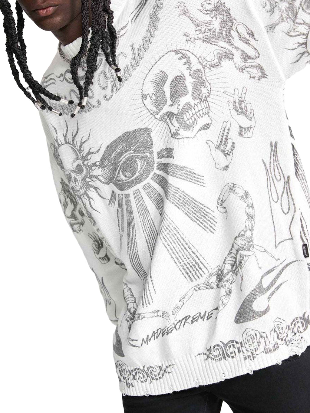 WHITE TATTOO-STYLE LONG SLEEVE SWEATER FOR CASUAL WEAR
