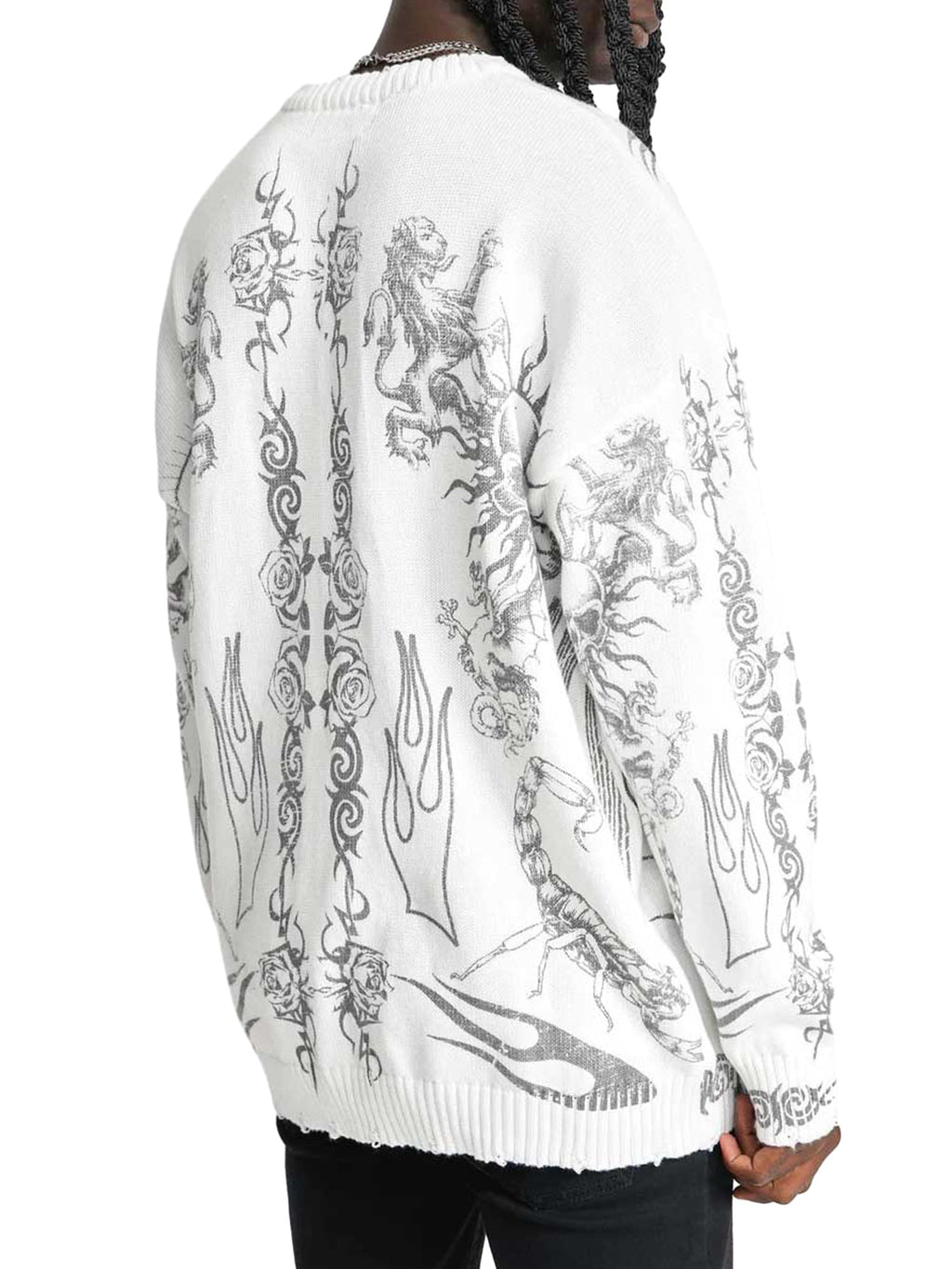 WHITE TATTOO-STYLE LONG SLEEVE SWEATER FOR CASUAL WEAR