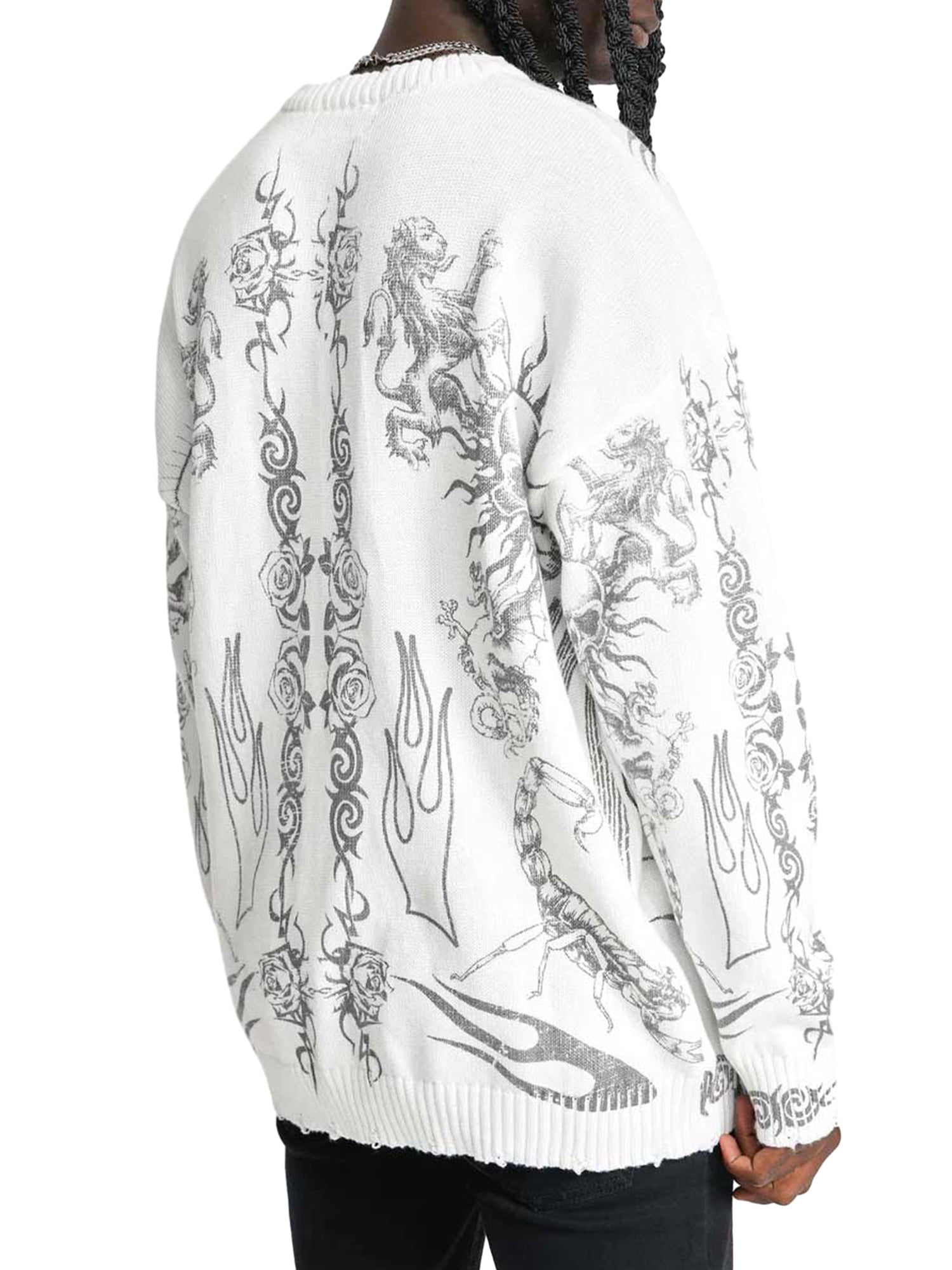 WHITE TATTOO-STYLE LONG SLEEVE SWEATER FOR CASUAL WEAR