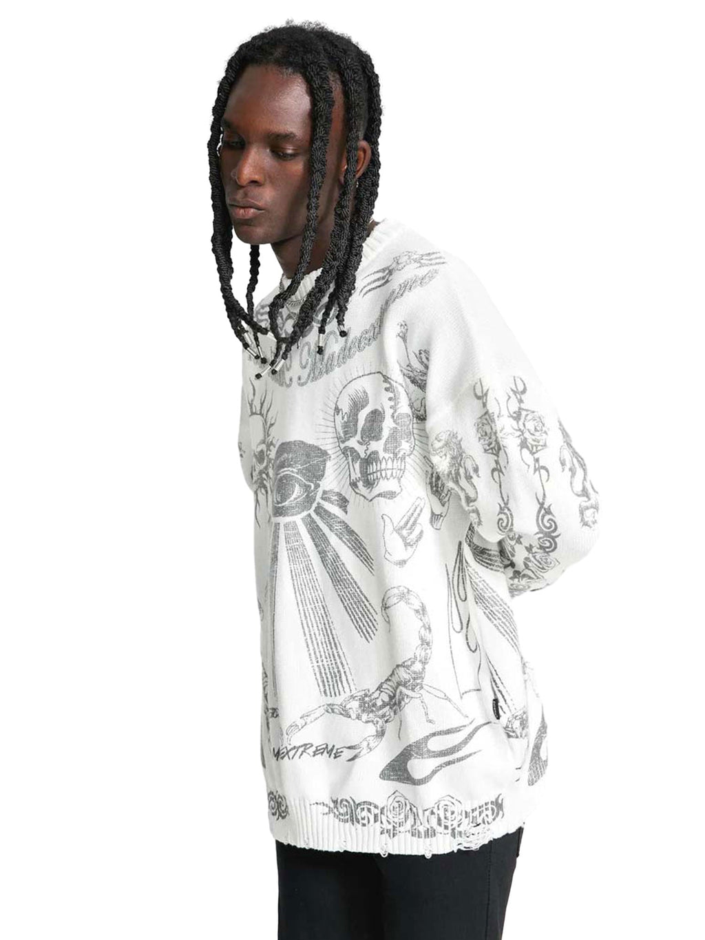 WHITE TATTOO-STYLE LONG SLEEVE SWEATER FOR CASUAL WEAR