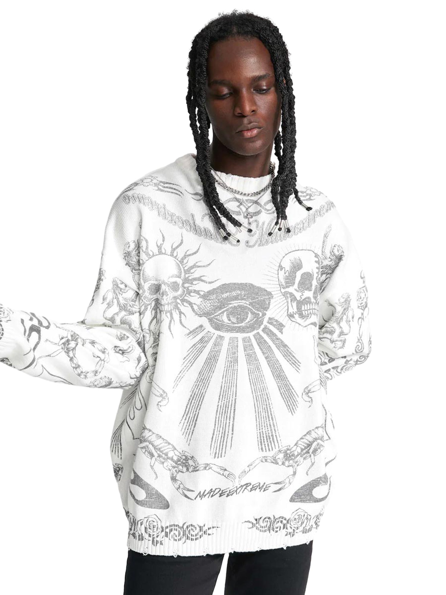 WHITE TATTOO-STYLE LONG SLEEVE SWEATER FOR CASUAL WEAR