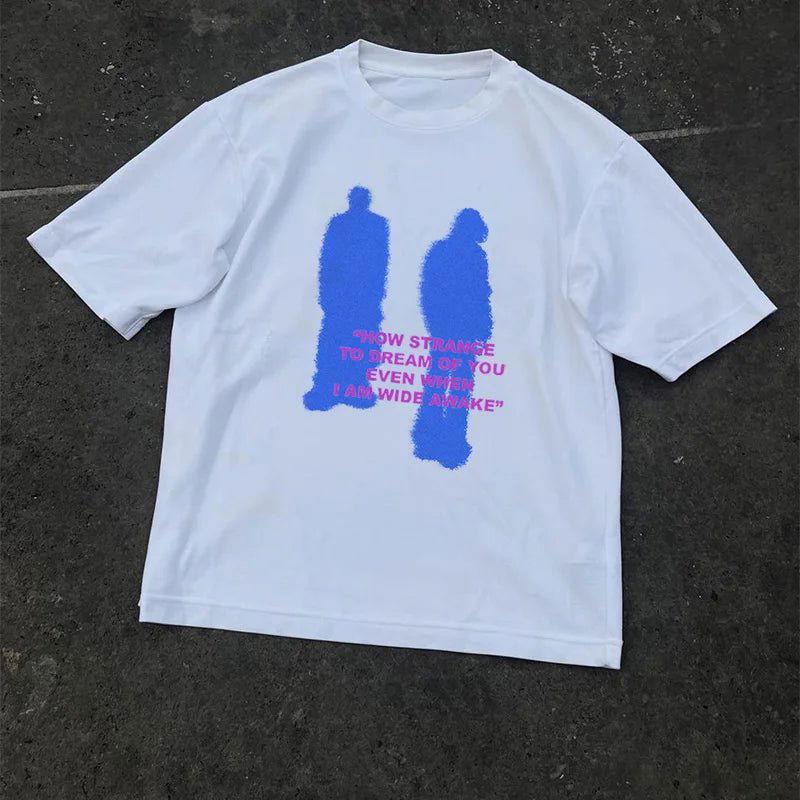 WHITE TEE SHIRT WITH BLUE FIGURES AND PINK TEXT - STYLISH TEE