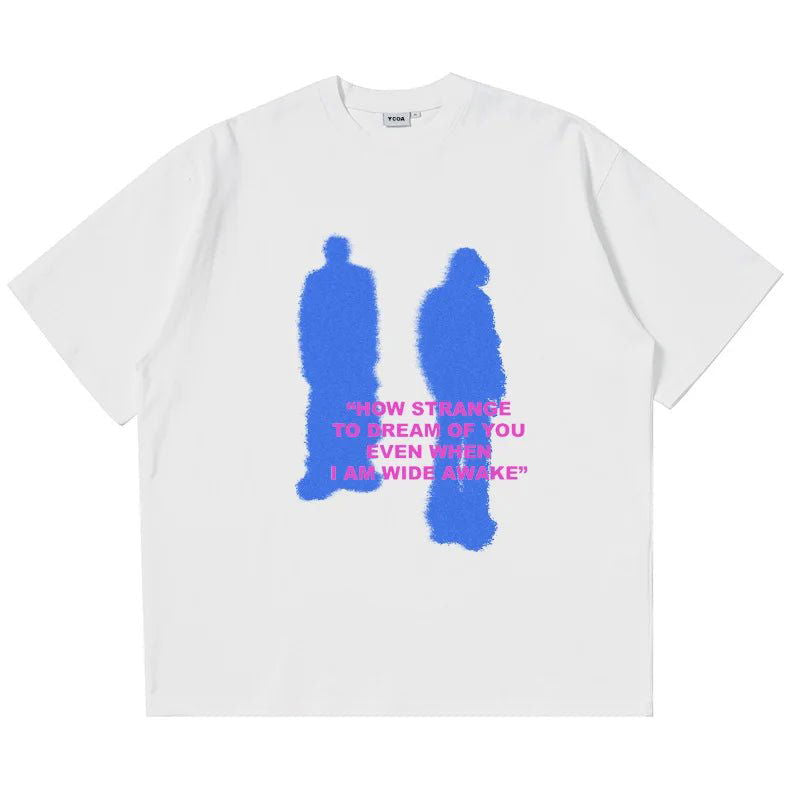 WHITE TEE SHIRT WITH BLUE FIGURES AND PINK TEXT - STYLISH TEE