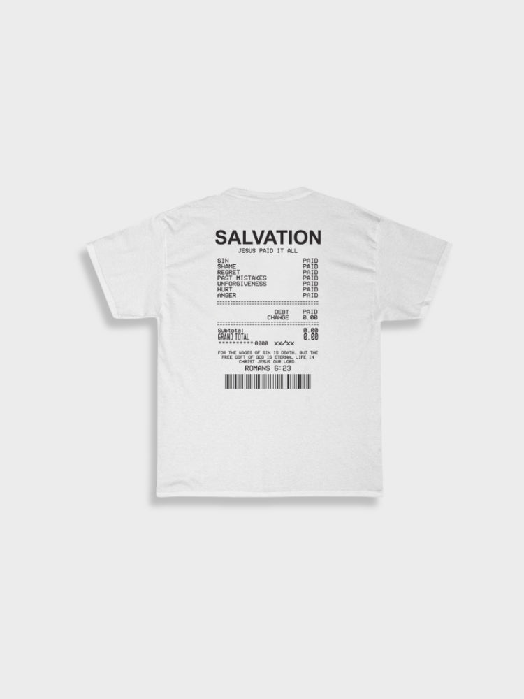 WHITE TEE SHIRT WITH RECEIPT GRAPHIC - TEE SHIRT SALVATION