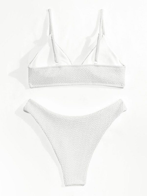 WHITE TEXTURED BIKINI SET WITH PLAIN SMOCKED V-NECK