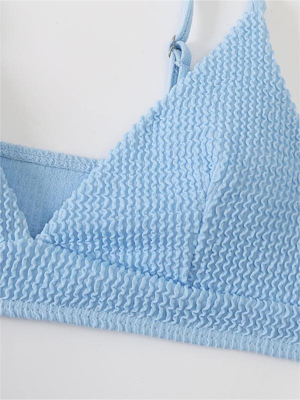 WHITE TEXTURED BIKINI SET WITH PLAIN SMOCKED V-NECK