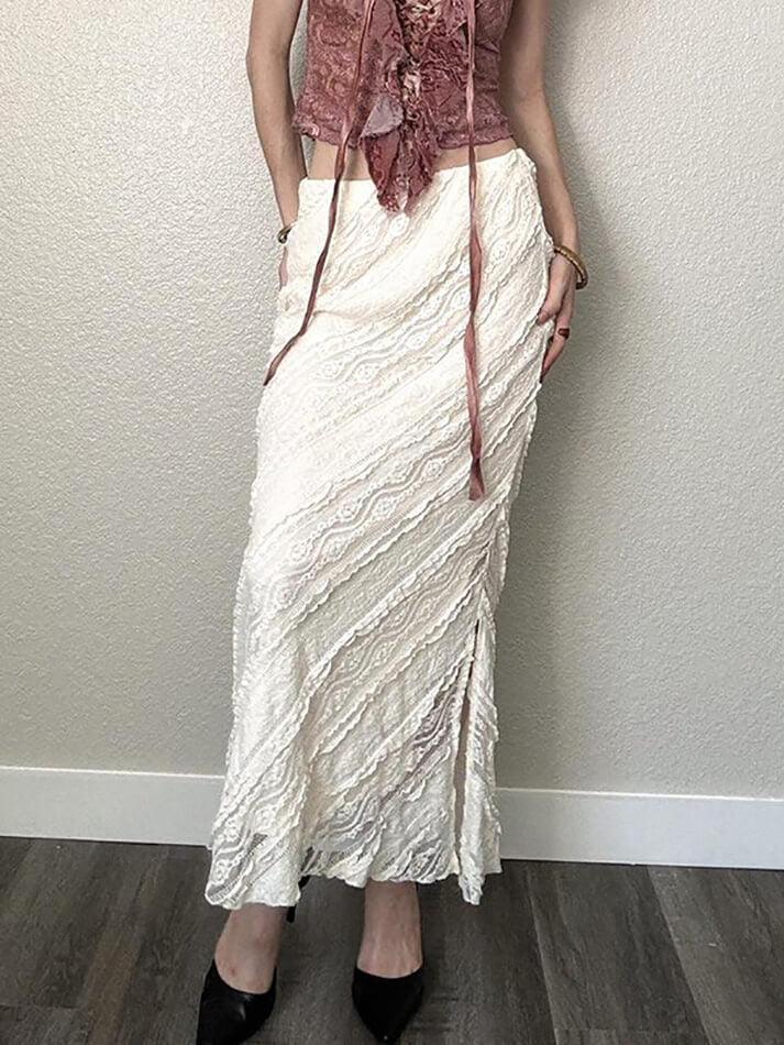 WHITE TEXTURED MAXI SKIRT SLIM FIT CASUAL VINTAGE