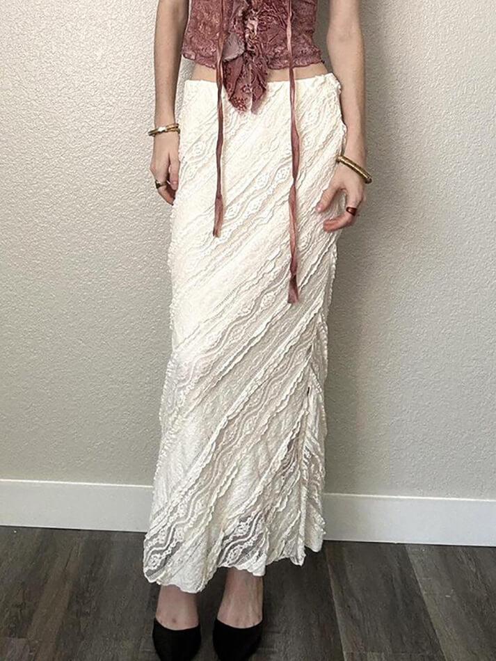 WHITE TEXTURED MAXI SKIRT SLIM FIT CASUAL VINTAGE