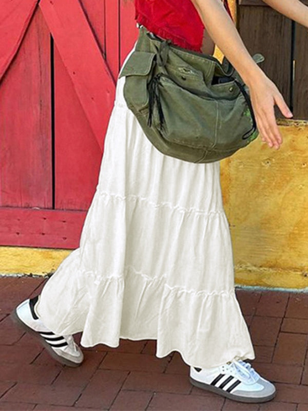 WHITE TIERED MAXI SKIRT WITH STUDDED BELT - VINTAGE WHITE TIMELESS STYLE