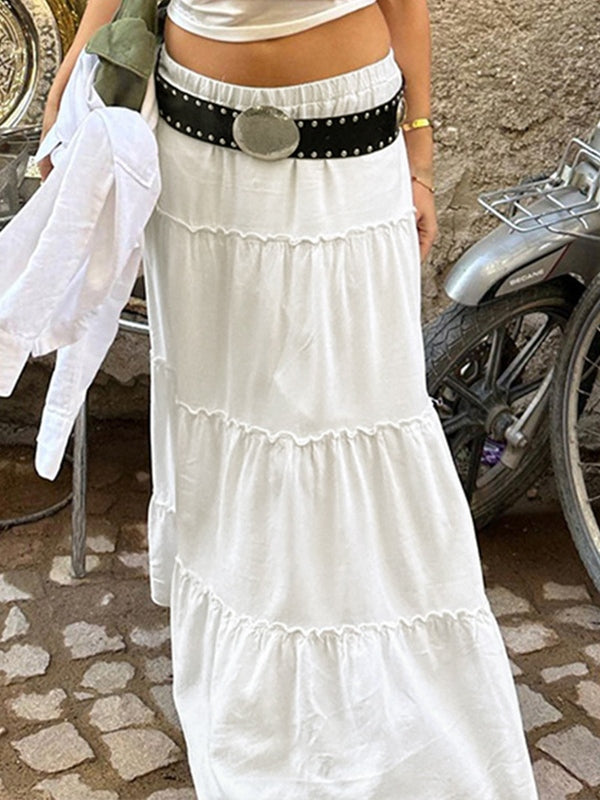 WHITE TIERED MAXI SKIRT WITH STUDDED BELT - VINTAGE WHITE TIMELESS STYLE