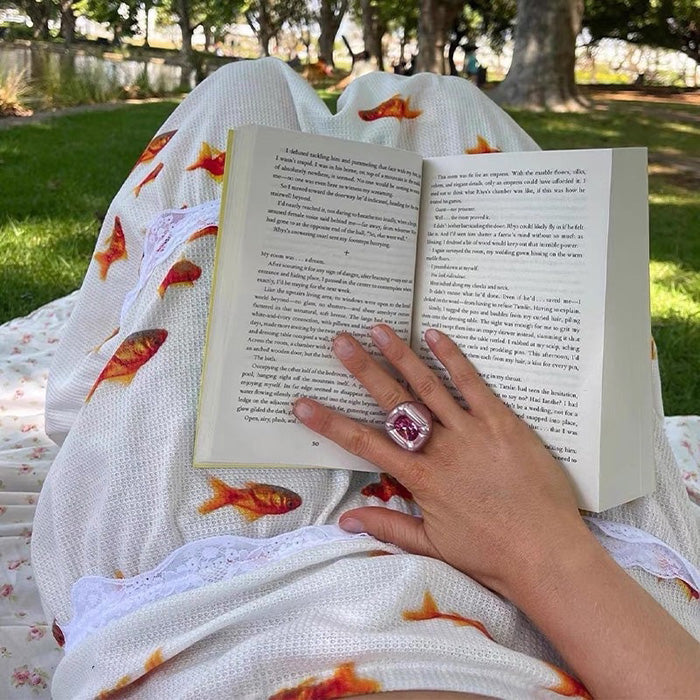 WHITE TIERED SKIRT WITH GOLDFISH PRINT FOR WOMEN