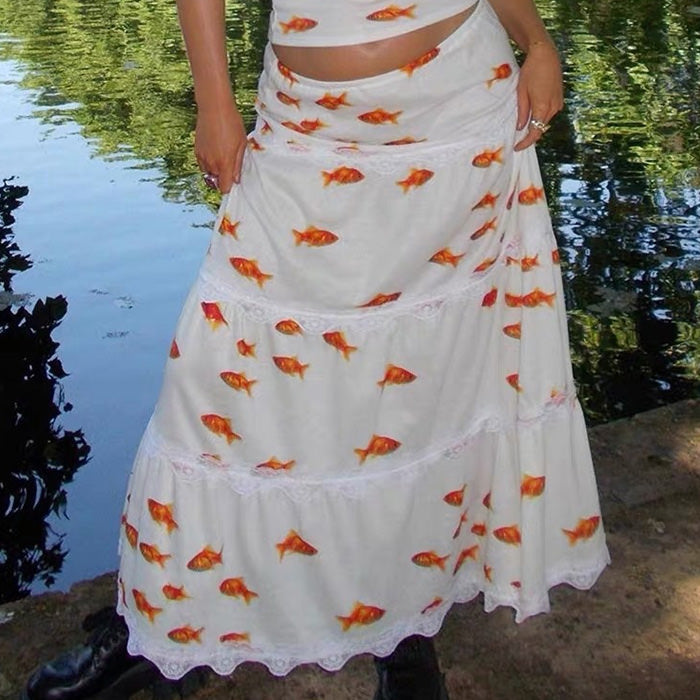 WHITE TIERED SKIRT WITH GOLDFISH PRINT FOR WOMEN