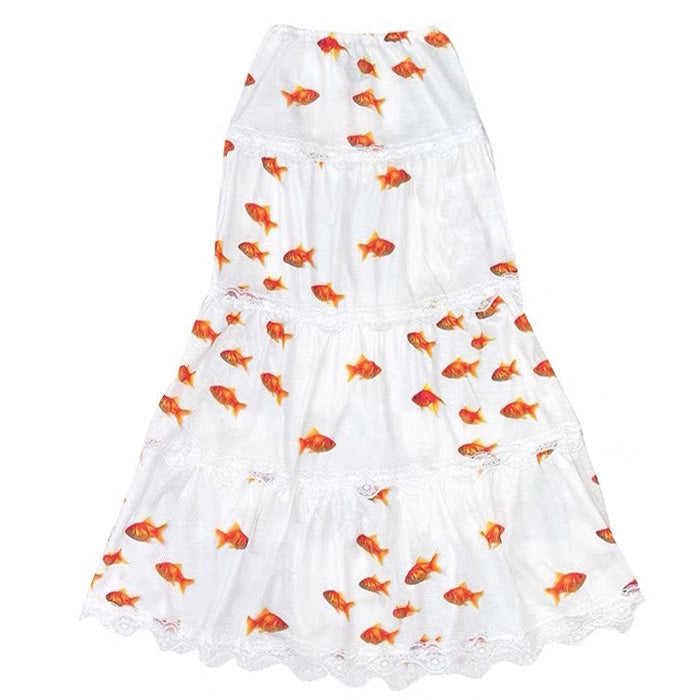 WHITE TIERED SKIRT WITH GOLDFISH PRINT FOR WOMEN