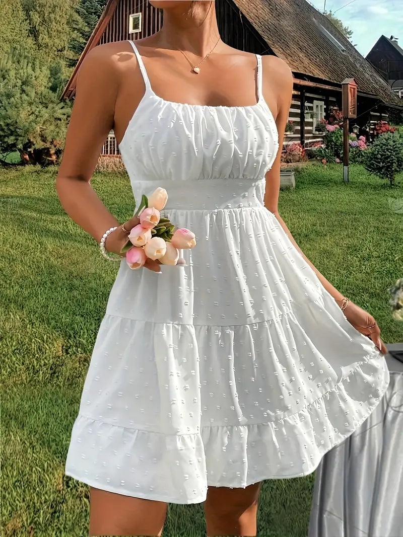 WHITE TIERED SUNDRESS WITH RUFFLED HEM AND VINTAGE POLKA DOT DESIGN