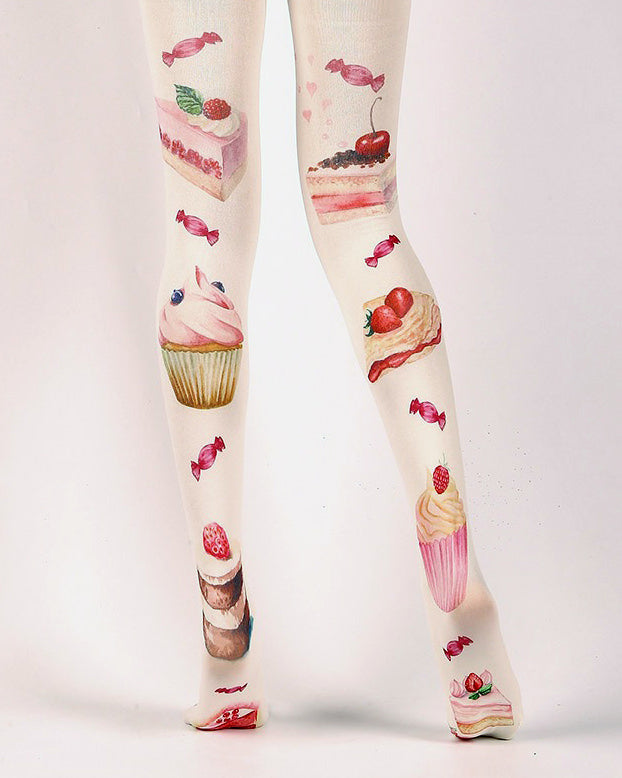 WHITE TIGHTS WITH DESSERT PRINTS FOR WOMEN