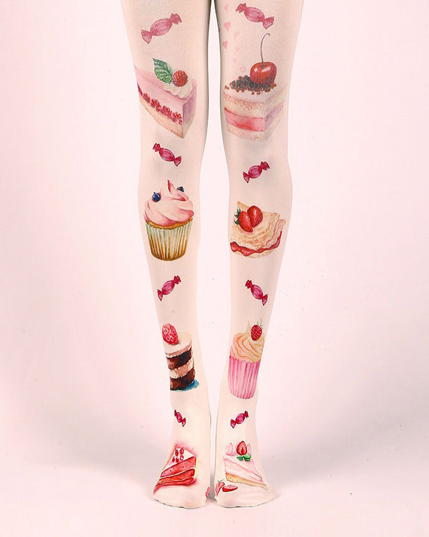 WHITE TIGHTS WITH DESSERT PRINTS FOR WOMEN