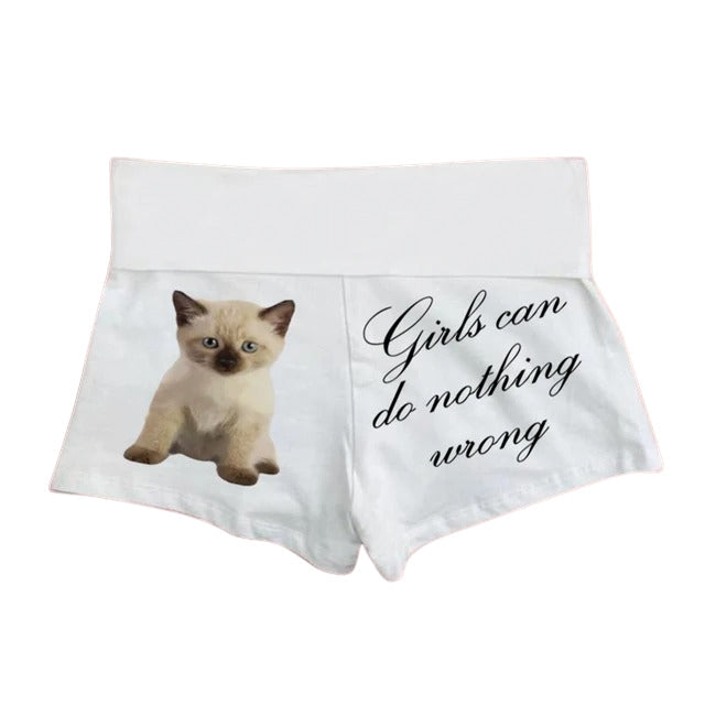 WHITE WRONG KITTEN SHORTS WITH CAT AND TEXT DESIGN