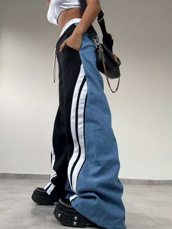 WIDE-LEG BLACK SWEATPANTS WITH STRIPE ACCENT - LOOSE FIT STREET STYLE