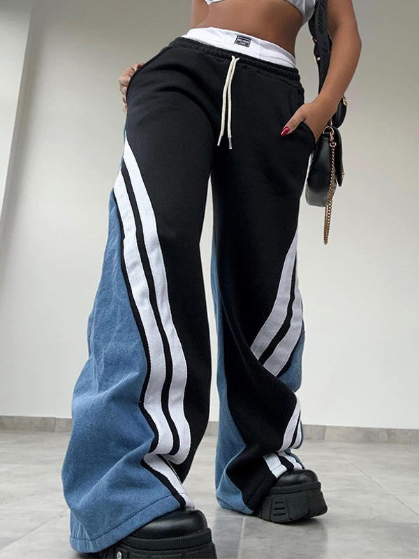 WIDE-LEG BLACK SWEATPANTS WITH STRIPE ACCENT - LOOSE FIT STREET STYLE